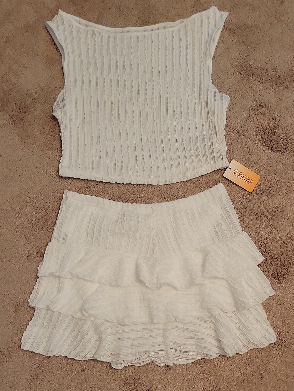 Forever 21 White Ruffle Tiered Mini Skirt And Shirt